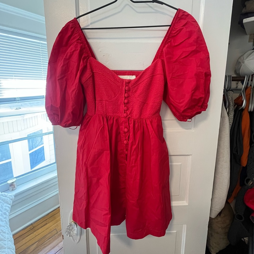 Anthropologie Red Mini Dress with Puff Sleeves